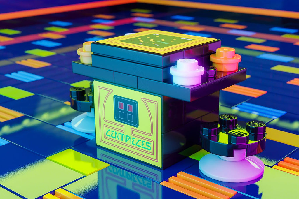 Centipieces 2-Player Classic Arcade made using LEGO parts - B3 Customs features a colorful, custom LEGO cocktail arcade machine designed for minifigures to play together, showcasing vibrant pixel art.