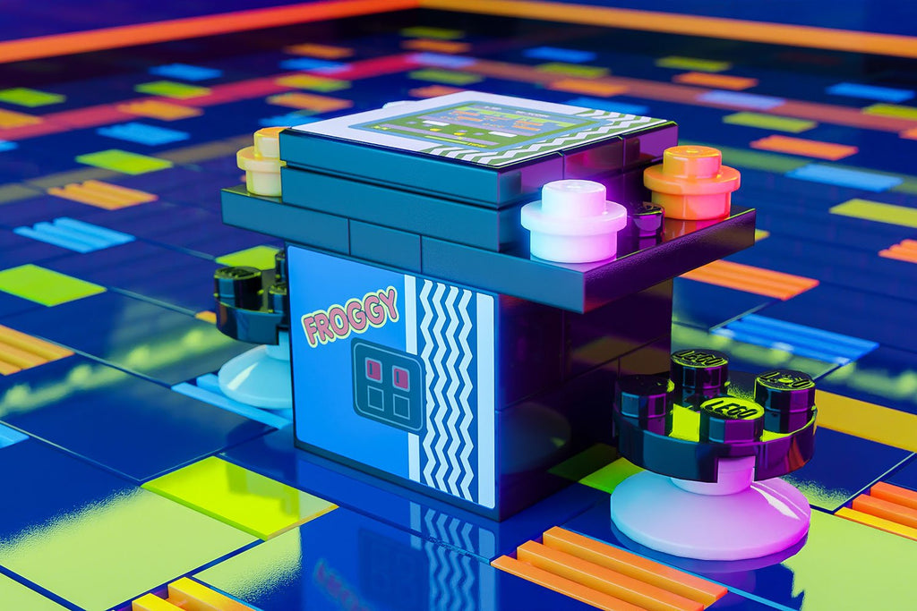 Miniature Froggy 2-Player Classic Arcade made using LEGO parts by B3 Customs, featuring a vibrant cocktail style design with detailed custom printed tiles and dual joysticks.