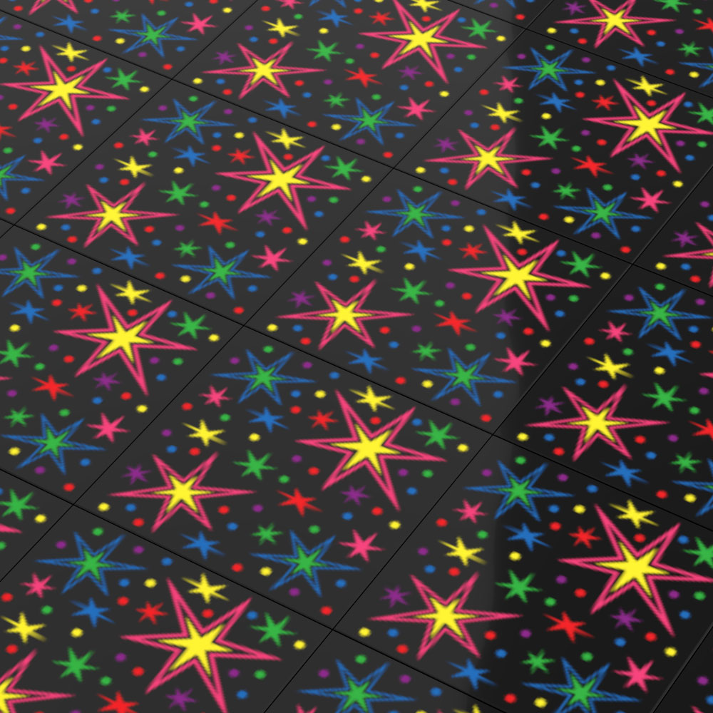 Colorful retro starburst pattern on black tiles featuring bright yellow, pink, blue, green, and red stars and dots, designed as 80's Arcade Carpet 6x6 Tiles (Bursts) - (Pack of 10).