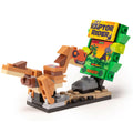 Raptor Rider - B3 Customs Arcade Game made using LEGO parts featuring a detailed brown dinosaur and a colorful arcade game screen with tropical palm design, crafted by B3 Customs.