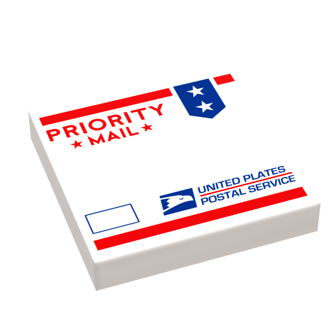 Priority Mail Package, United Plates of America (2x2 Tile) made using LEGO parts - B3 Customs featuring a LEGO tile printed to resemble a USPS Priority Mail envelope with red, white, and blue colors.