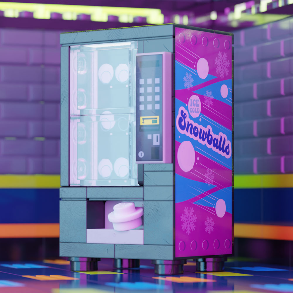A detailed brick-built Snowballs Minifig Vending Machine made using LEGO parts by B3 Customs, featuring bright purple and blue colors and custom printed tiles.