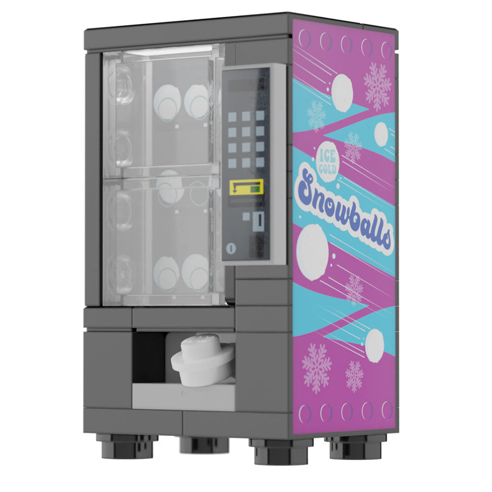 Snowballs Minifig Vending Machine made using LEGO parts - B3 Customs features a detailed gray vending machine with colorful side panels and a small minifigure snowball inside.