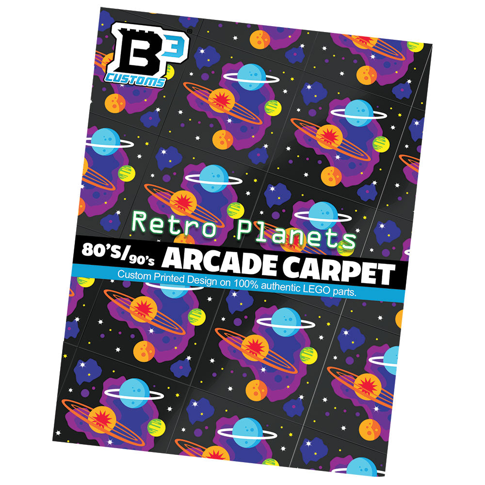 Package featuring 80's and 90's Arcade Carpet 6x6 Tiles (Planets) made with LEGO parts - Pack of 10, showcasing colorful retro planets and space design.