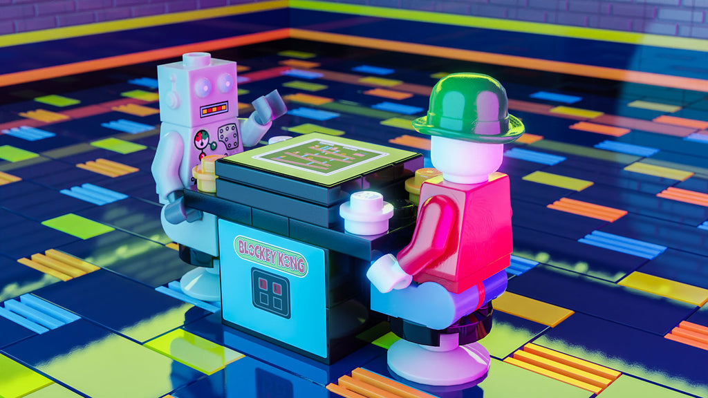 Close-up of a colorful LEGO arcade game setup featuring two minifigures seated playing Blockey Kong 2-Player Classic Arcade made using LEGO parts - B3 Customs on a vibrant patterned floor.