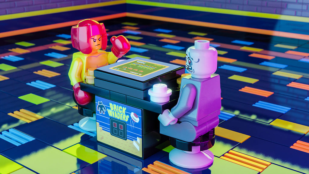 Two LEGO minifigures playing a game on a custom arcade machine in a colorful pixelated room, showcasing Brick Invaders 2-Player Classic Arcade made using LEGO parts - B3 Customs.