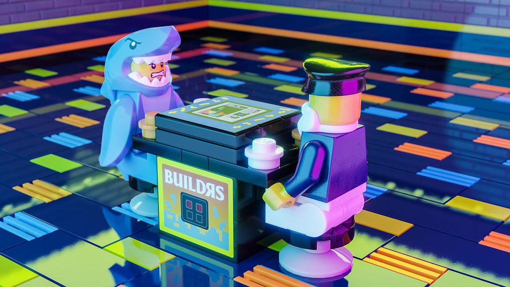 Two LEGO minifigures playing on a Buildᴙs 2-Player Classic Arcade made using LEGO parts - B3 Customs, set on a colorful retro-style floor with vibrant lighting.