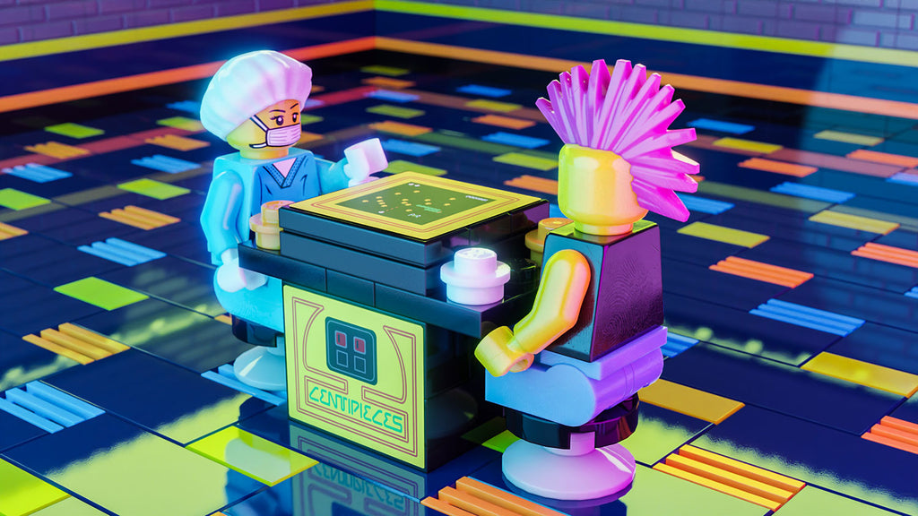 Two LEGO minifigures playing on the Centipieces 2-Player Classic Arcade made using LEGO parts - B3 Customs in a colorful retro arcade setting.