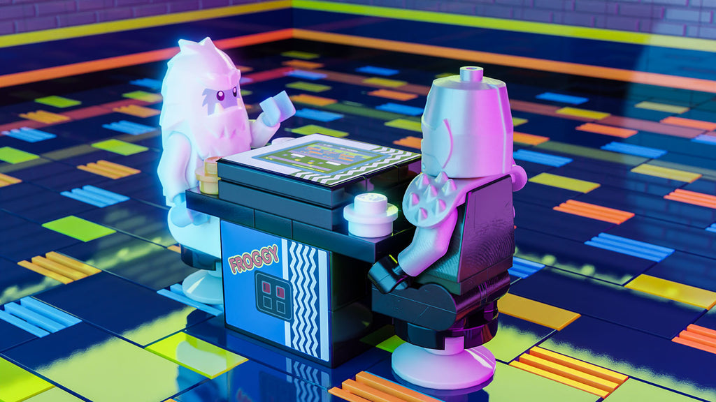 Two LEGO minifigures playing a custom Froggy 2-Player Classic Arcade made using LEGO parts - B3 Customs, set on a colorful pixelated floor with vibrant lighting.